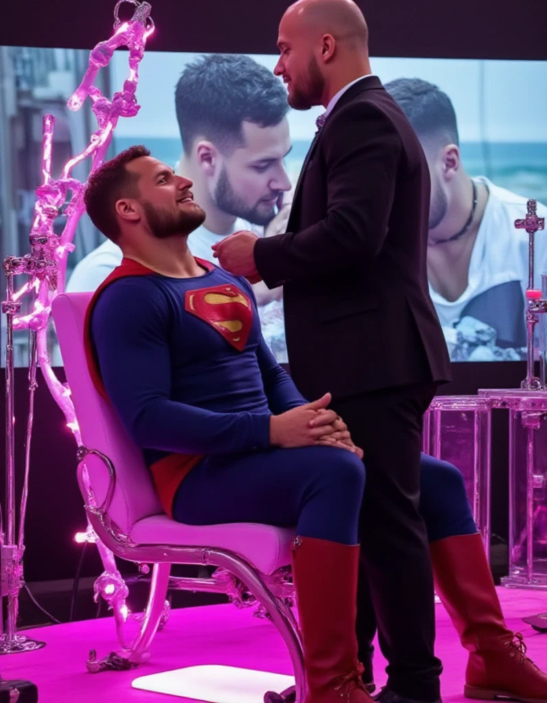 They tongue kiss each other.deep kiss. Superman, suit head, blue tights, red boots and red briefs, 30 years old, muscular male. Superman was placed on an operating chair, with many pink fluorescent tubes wrapped around his body. These tubes connected the screen to play many images. A fully charged operating chair is activated next to him. Superman's eyes are wide open and his face shy expression. The screen plays a scene of a homosexual kissing a man. Superman is watching the man being brainwashed into loving him. Lex Behind stands is bald man wearing black suits, touching Superman's chest with his hands. Lex kiss Superman.They kiss each other. Superman can't refuse passion kiss. Gay kiss,