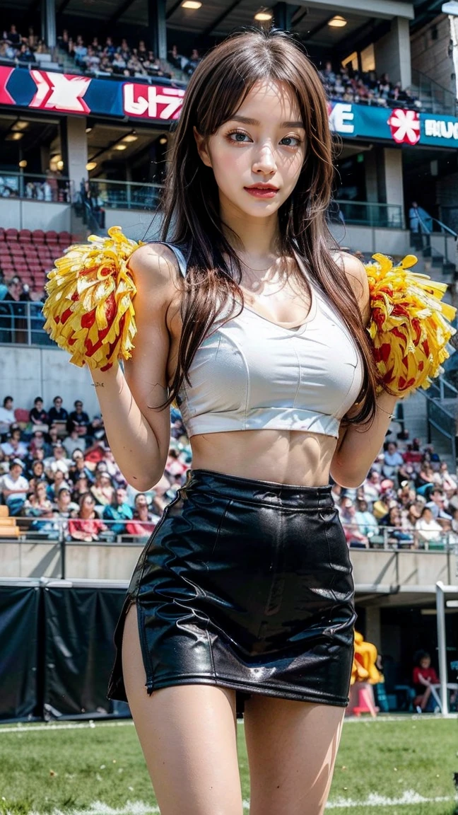 ((Highest quality)), ((masterpiece)), (detailed), Ground、sunny、One girl,,cheerleader,((huge breasts:1.2)),((sweat:1.4)),(leg up),Whole body angle、beautiful girl、Cheerleader、Cheerleader、Short skirt、Raise one leg straight up、Black Hair、ponytail、Close your mouth、smile、Big eyes、Big ass、Glowing Skin、Wet Hair