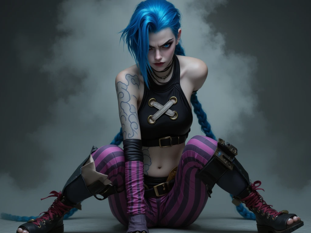 jinx style arcane, a quatre pattes nu, montre ses fesse nu a la caméra,