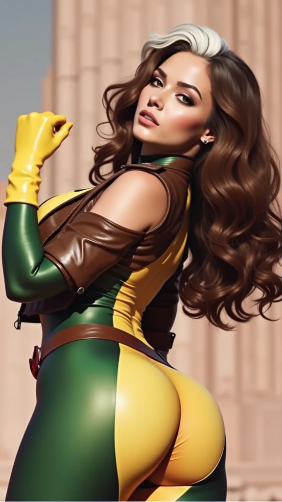 (  masterpiece ,  realistic , perfect,  photograph ,  high resolution and definition)  X-Men Rogue in a sensual and erotic pose,  tight suit , nice image detail ,  Beautiful legs ,  detailed face, light eyes,  beautiful butt ,  slender and detailed body ,  big breasts. Brown hair with a tuft of white hair on the top, long loose hair.  Great detail of the background and environment . In a random location, exciting