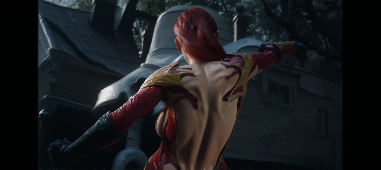 mary jane angry rage ripping the yellow and red liquid symbiote backsuit , female body , red hair, long hair, 1girl, symbiote tendrils , realistic style, red hair, slim body shape, sexy female body, without clothes, woman sexy , naked mary jane , backview , open arms