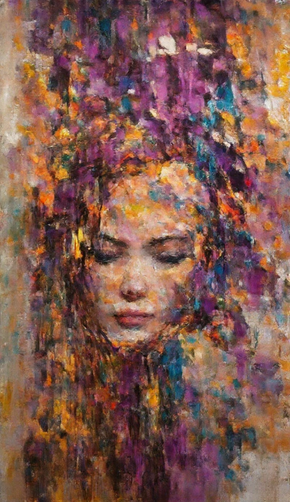 A stylized, abstract portrait of a woman, reminiscent of Gustav Klimt, featuring impasto brushstrokes and a dominant color palette of purples, oranges, and golds.  The woman's hair is flowing and adorned with stylized orange flowers.  The background is an abstract swirl of colors, suggesting a dreamlike atmosphere. Incorporate a visible artist's signature.
