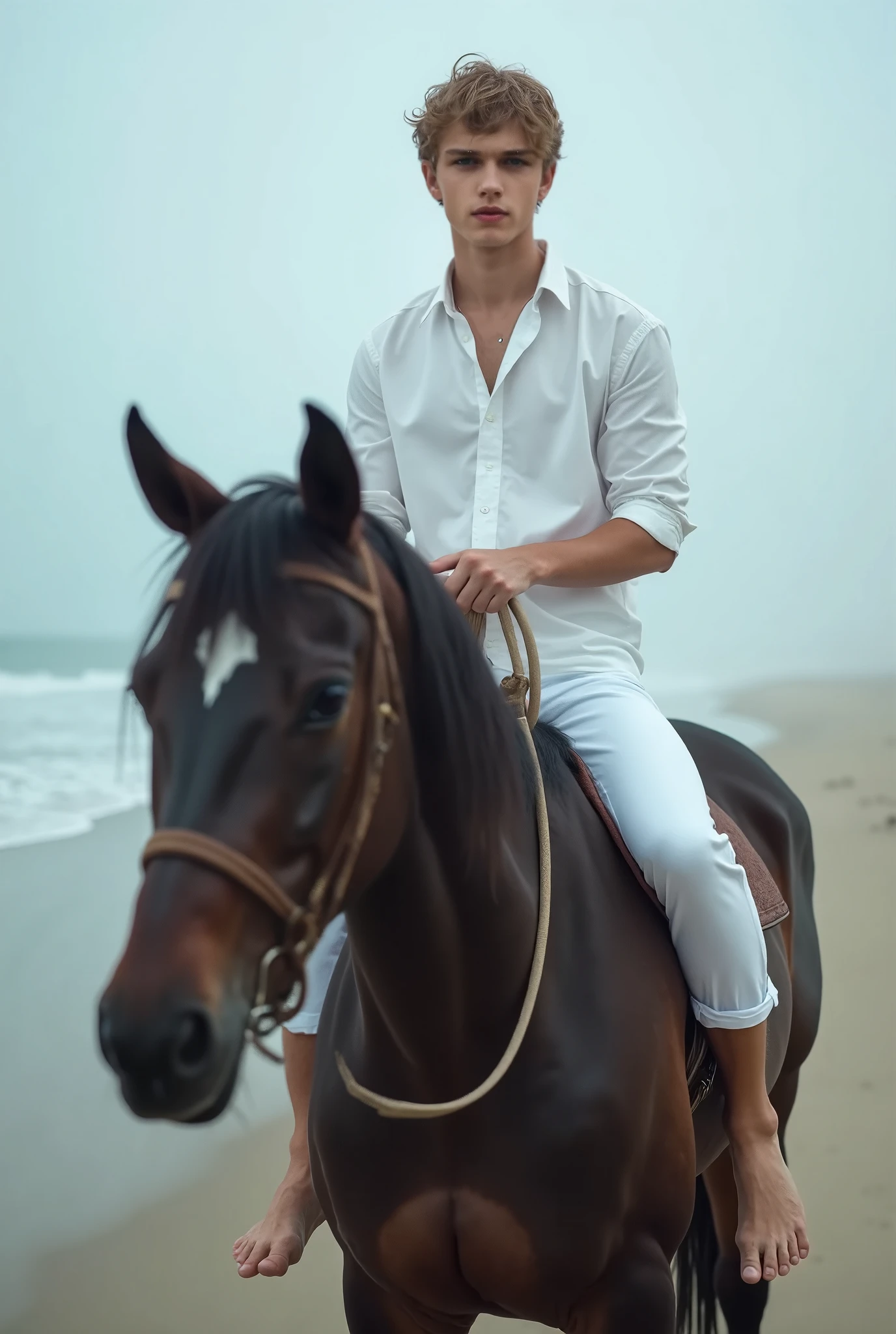 Young cute handsome white skinny beautiful face without shirt naked on top of a horse white cute butt of man hat