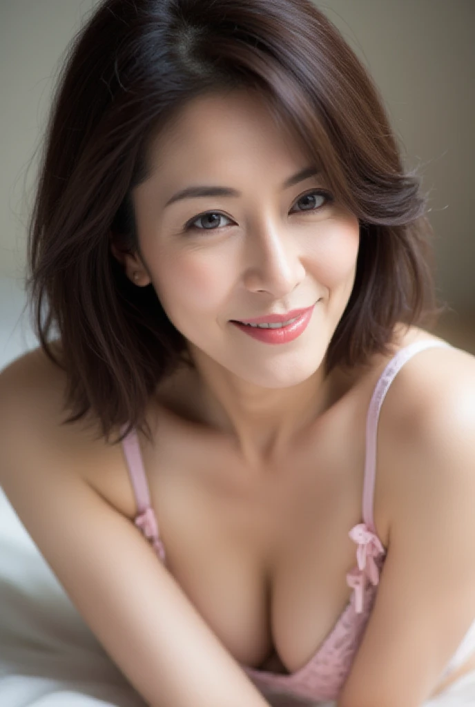((Highest quality, 8k, Tabletop:1.3))、Beautiful mature woman、Japanese(40 years old)、Mature Woman((lingerie)). Random color bra:1.2(Leaning forward)).(Huge breasts).(smile:1.15)、Highly detailed face and skin texture、White groundless background、Random sexy poses、Double、Big beautiful eyes、Adult women、Sexy