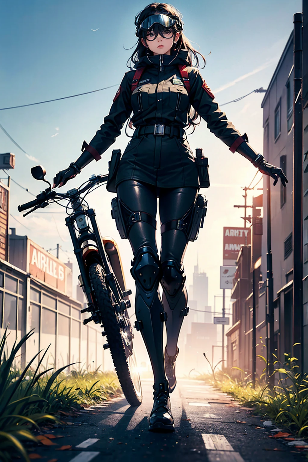 masterpiece,最 High Quality , high res,Extremely clear 8K wallpaper, High Quality , armybiker style, 1girl, uniform, goggles、vintage army bike、huge exoskeleton, mechanical arms