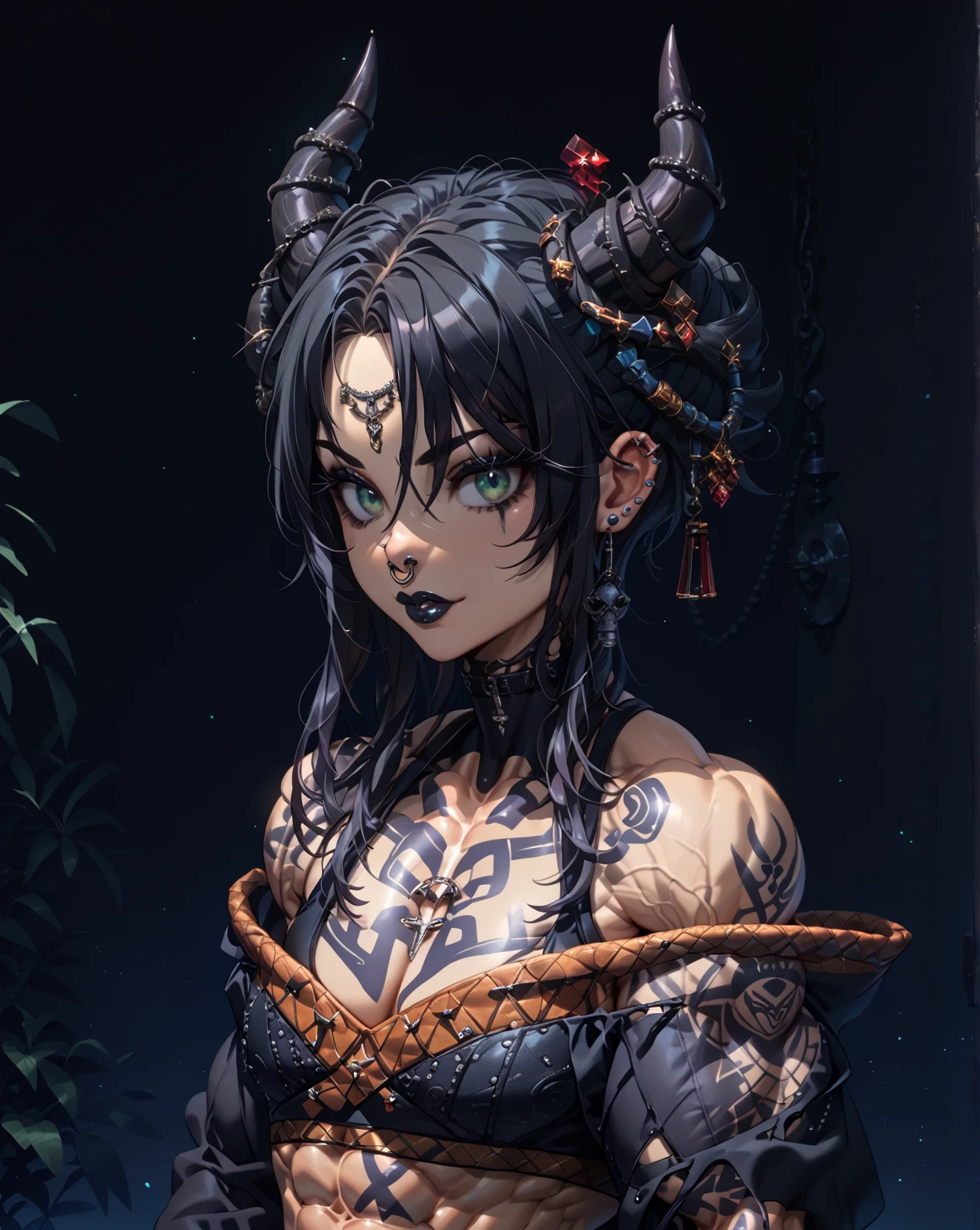 Create a hyper-realistic 4K image of a stylized battle horn. The horn should be crafted from ancient, weathered bone with intricate carvings and tribal patterns along its surface. The mouthpiece is wrapped in worn leather and adorned with metal studs. The horn's body features engraved symbols and runes, hinting at its mystical origins. It is decorated with feathers, beads, and small metallic charms that sway gently. Position the horn against a backdrop of rugged, moss-covered stones, with soft, ambient lighting to accentuate the details and textures.