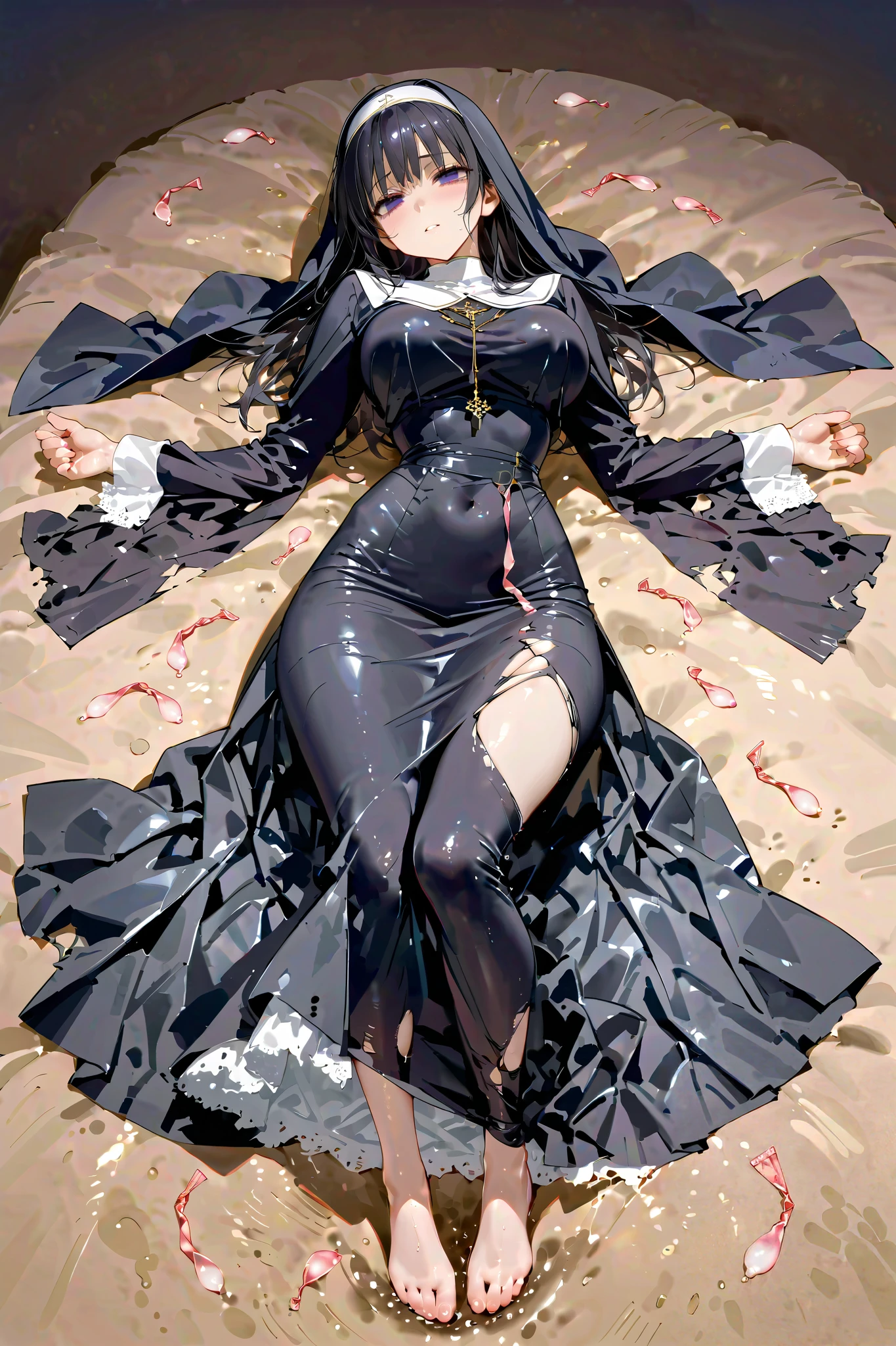 Realistic Photo of a Mature Woman Freezing in the Cold and Her Skin Trembling、Lying on ground, aerial view, (bags under eyes), half closed eyes, empty eyes, full body, 、open arms, open legs, straight black short hair, detailed hairband, SFW, , head tilt、(glistening skin), (oily skin), (shiny skin),((My skin is shaking ))、Subtle sheen、(Petite)、((( is short)))、Used condoms scattered all around 、Slim waist、((big ass)), large breasts, My mouth is slightly open、 gorgeous embroidered long skirt nun costume、(torn clothes), it's raining please pull out 、