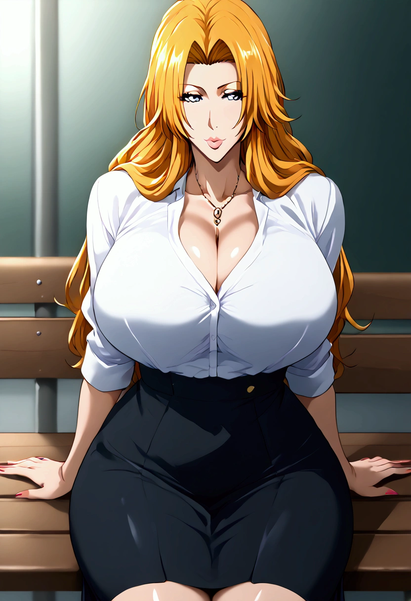 Big breasts and wide balls with a thin waist. Rangiko Matsumoto wears an open white shirt and a black skirt. Complex details. High quality. Fine details. She sits on the school bench. I want a dog. Complicated details repeat the usual school clothes, especially the details of her body are sexy 