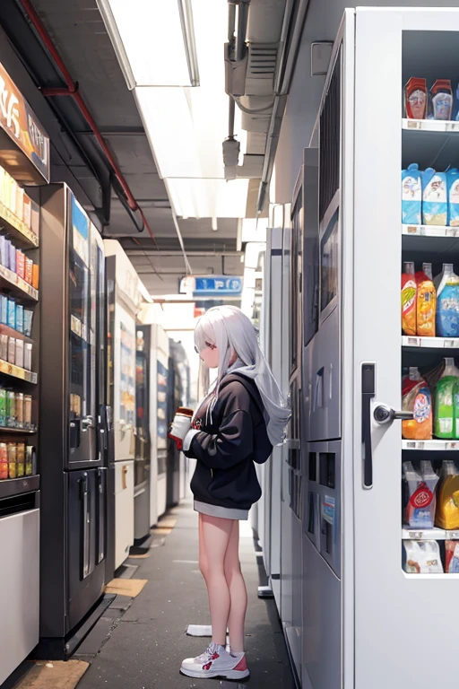 masterpiece,night,White Hair, long hair,Crouching in front of a vending machine ,woman,Big Breasts, wearing a hoodie, holding a can of coffee in his hand, it's snowing 