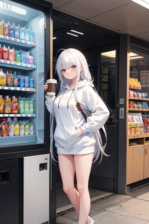 masterpiece,night,White Hair, long hair,Crouching in front of a vending machine ,woman,Big Breasts, wearing a hoodie, holding a can of coffee in his hand, it's snowing 