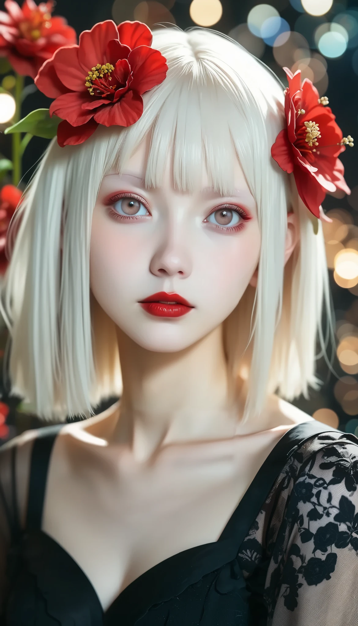 (( super realistic illustration with a slightly red flower head:1.3)),(Black clothes),  one woman、solo、 cute 18 year old、 (albino:1.4)、Slavic women、 ,  long white hair , Light brown eyes, ((The flower head is slightly red:1.4)).  innocent expression . kind.(virgin),  are expressionless、( playful :1.2).  mascara, glass, Red lipstick,  dress, ( black pantyhose ), pumps. masterpiece, ( very detailed:1.2),( detailed faces and eyes:1.2), 8k wallpaper,  moody lighting. Core Shadow,  High Contrast , Bokeh.