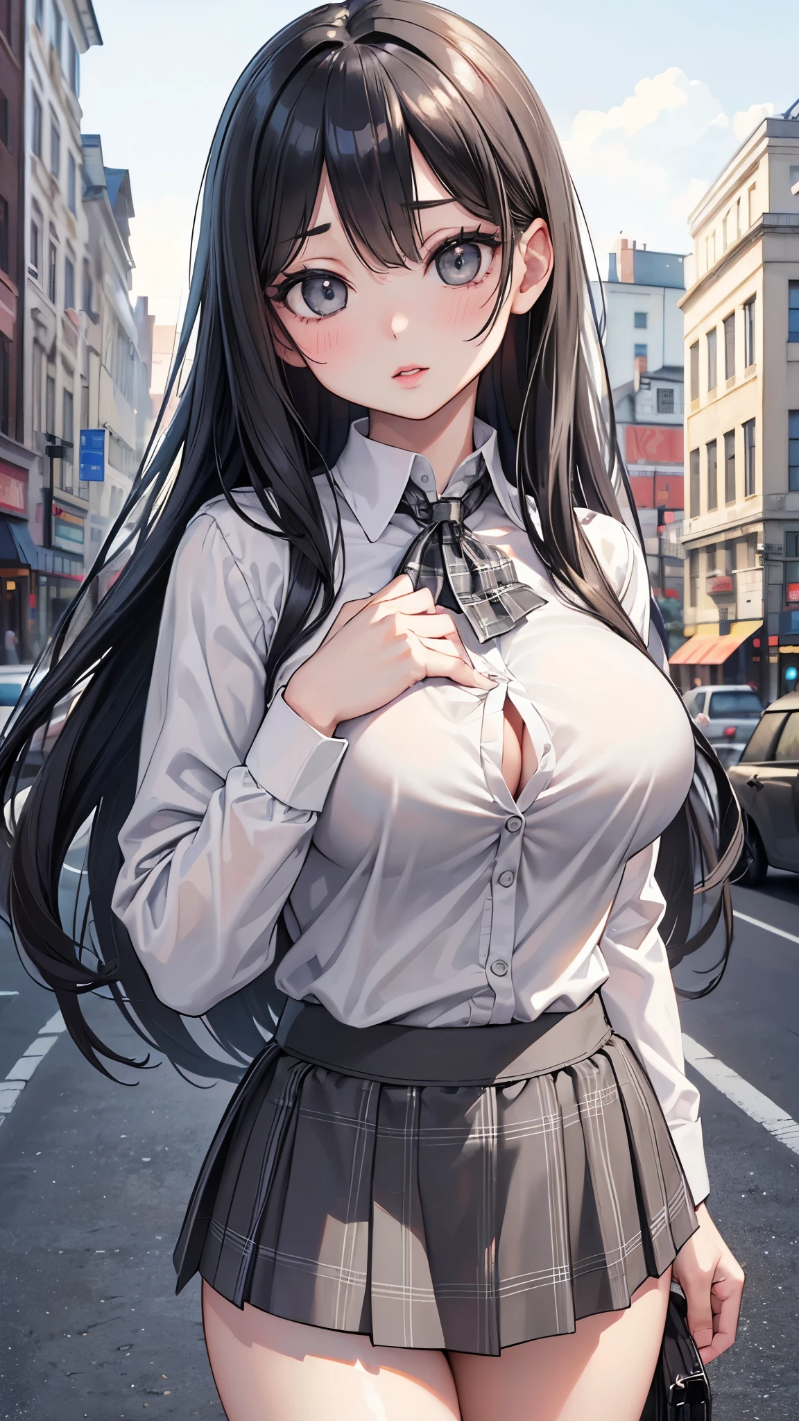 Italian girl, very long loose black hair, super mega gigantic breasts, unbuttoned white shirt, black lace bra, black pleated miniskirt, elegant shoes, slave collar, breasts tied together, thin