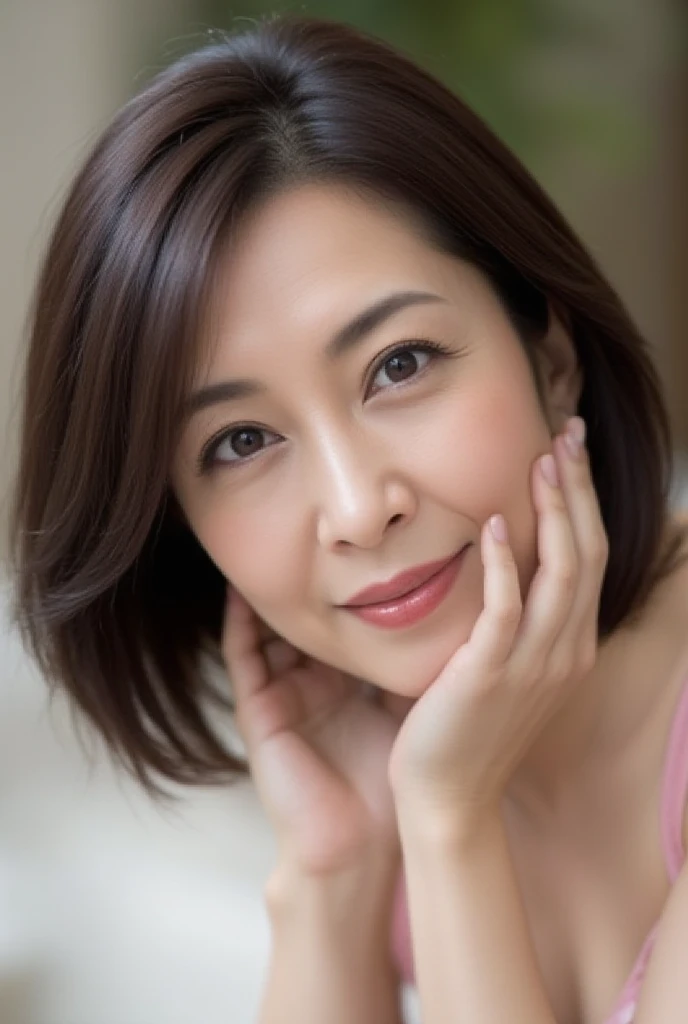 Mature Woman, ( detailed description of hair ), ( face ), (Detailed description of the body), high res, masterpiece,  top quality ,  high detail, formal: 1.4), ( realistic : 1.2, 超 realistic な: 1.1,  realistic: 1.37), ( Sharp Focus : 1.4),  depth of field ,  Physically Based Rendering ,  wavy hair, ,  Unmatched Beauty , (Ultimate beauty), (lipstick:1.1), ( eyeliner :1.2), ( mascara), ( eyeshadow), (58 years old,: 1.4), Japanese、 fine lines of laughter :1.2、seductive smile,( Pastel Pink x Bra with Ribbon Detail ＆Boy Leg Shorts )、A woman lying on her side, her hand gently resting under her chin, partially obscured by her hair.