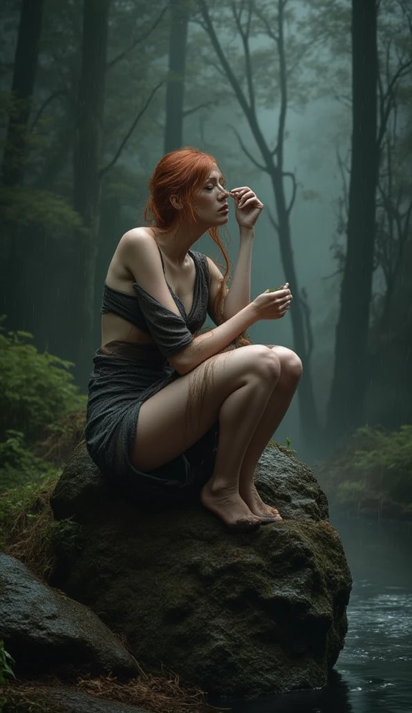 Photo, 8K, super detailed, ultra resolution, sweaty snow white character eating an apple sitting on a rock, perfect breast, perfect body, long legs, redhead with loose disheveled hair, dirty short tight snow white iconic dress. dark fantasy forest, pouring rain, cinematic. apply rule of thirds leaving the woman in the center.