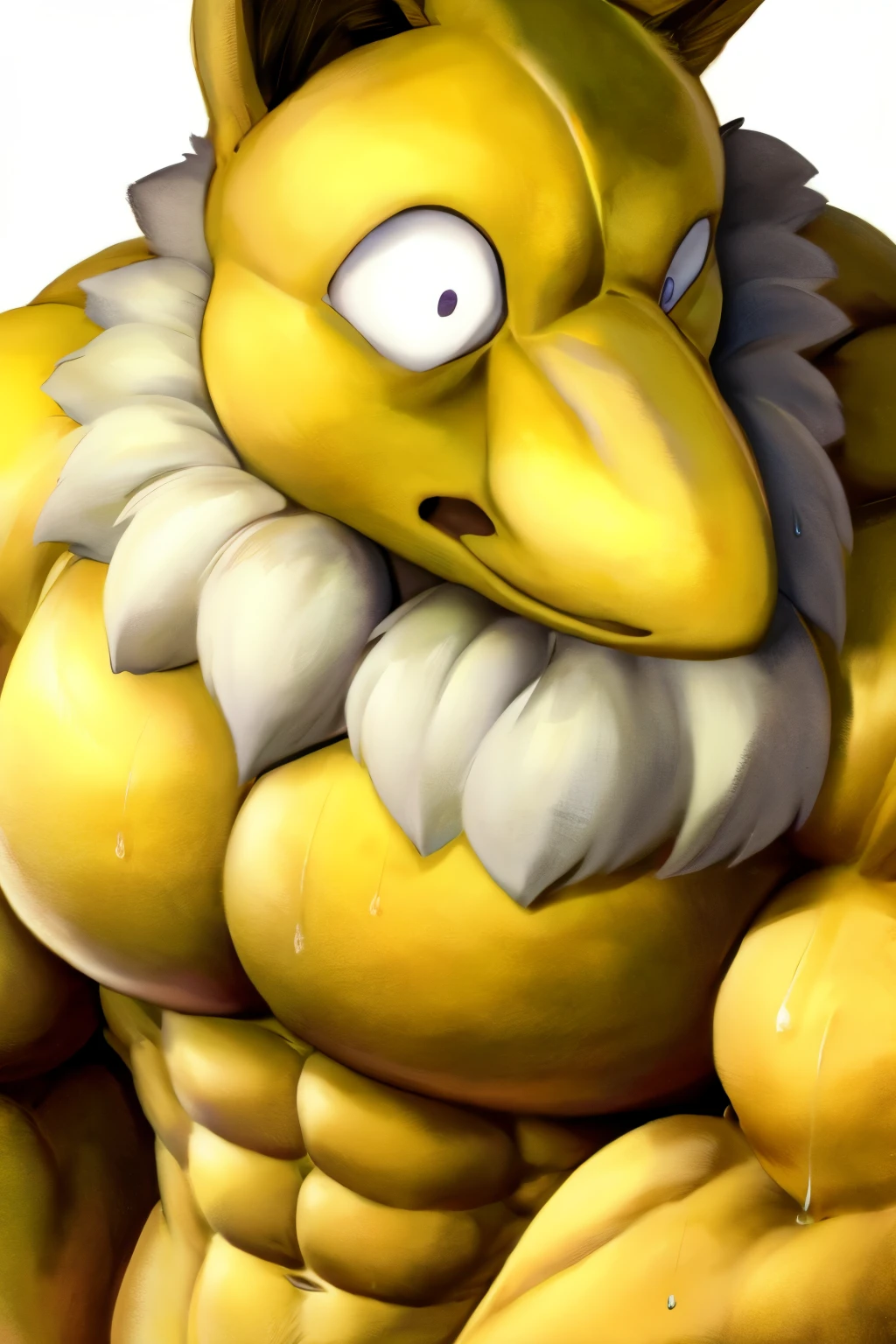 Furry, Anthro, solo, Hypno, Male, upper body shot, (((hyper muscular body, massive male pectorals, confused, head tilted, looking at viewer, dancing))), ((((fluffy white neck, massive biceps)))), ((((((wide-eyed, confused, massive bulky torso)))))), naked, gold yellow skin, black/yellow spraypainted background, by buta99, by meesh, (((3d render)))