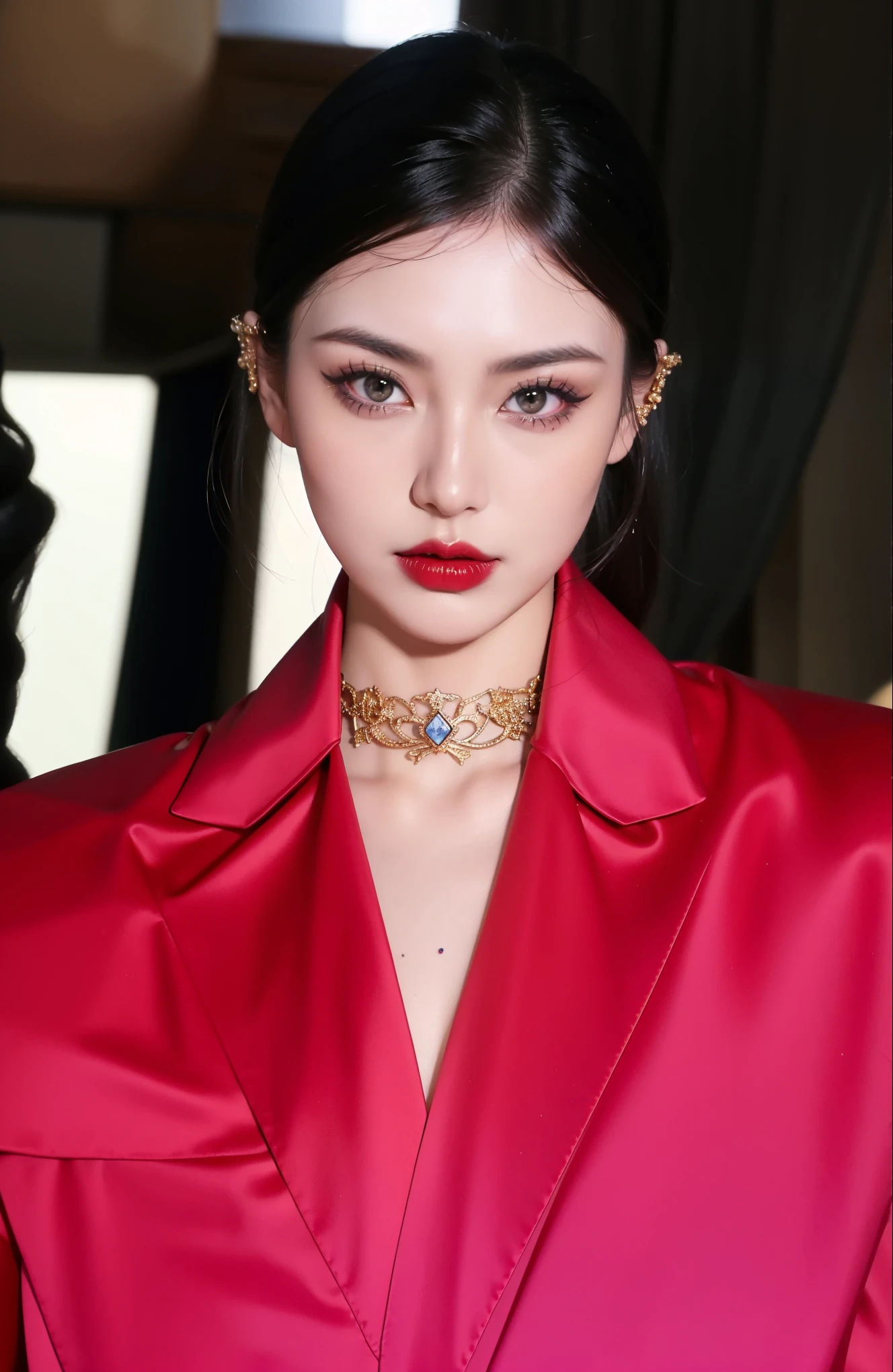 Very detailed, Delicate face, Realistic style, Stock Photography ,  rich and colorful, Surrealism, Realistic textures, Dramatic Lighting, Distiller 800  (8K, original photo, Better quality, masterpiece: 1.2), Very detailed, (Extremely delicate skin: 1.2), 8K Ultra HD, SLR camera, Soft Light, high quality， 冰冻Queen,, snow castle，Blue pupils，Apply red lipstick，Queen，Gorgeous clothing，gem, diamond, Gold Jewelry，Printed lace，Silk dress，breasts   symmetrical