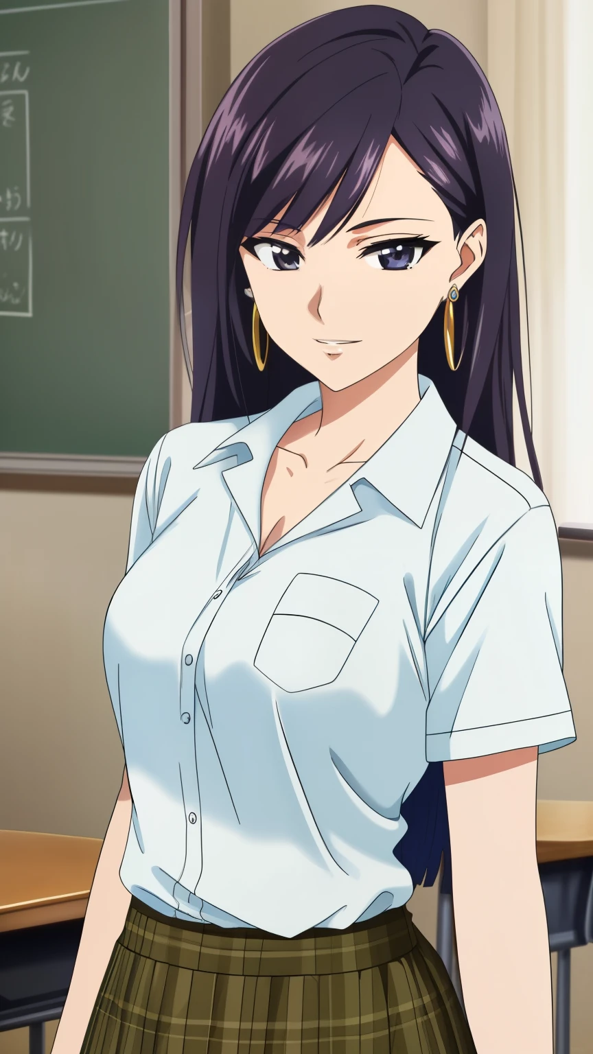 (Top quality, masterpiece, 8k), (Realistic skin texture), anime coloring, Very detailed, very detailed, beautiful eyes, perfect eyes, detailed eyes, feature large highlight, detailed face, ultra-detailed, detailed eyes, symmetrical eyes, (Dynamic angle), Sharp details, Girl, college age, standard height, purple hair, Medium hair, wavy hair, black eyes, medium breasts, smirk, (earrings, school uniform, white shirt, collarbone, checkered miniskirt, thighs, classroom), (cowboy shot:1.2),