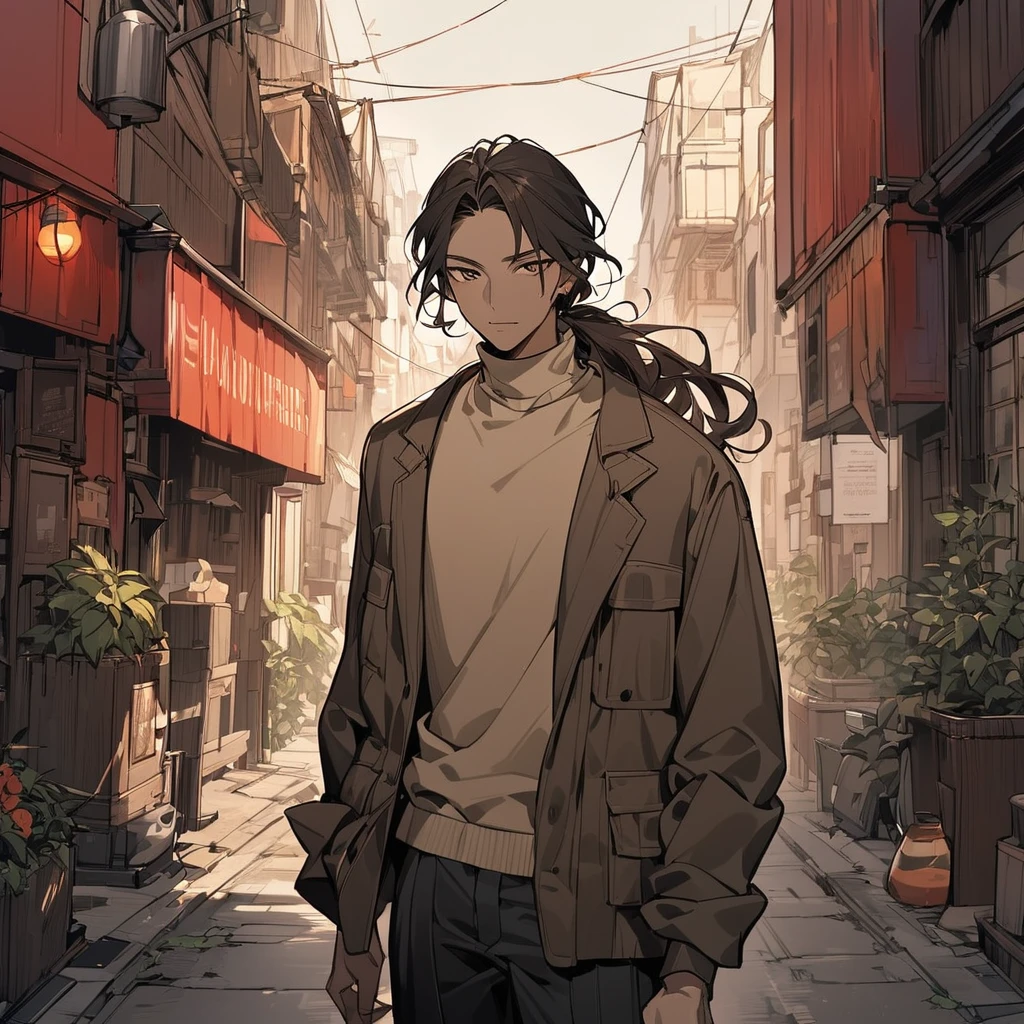 "male human character,  a light brown skin tone with a slight warm glow. with long hair blending deep red and dark brown colors. He should be dressed in a contemporary urban outfit, featuring modern and stylish elements. A brown jacket, underneath wears a beige turtleneck shirt, I also wore black cargo pants. The character should exude a sense of confidence and charisma. The artwork should focus on smooth, detailed lines, capturing the texture of his hair and the fabric of his clothing. The background should be minimalistic to ensure the character stands out prominently."