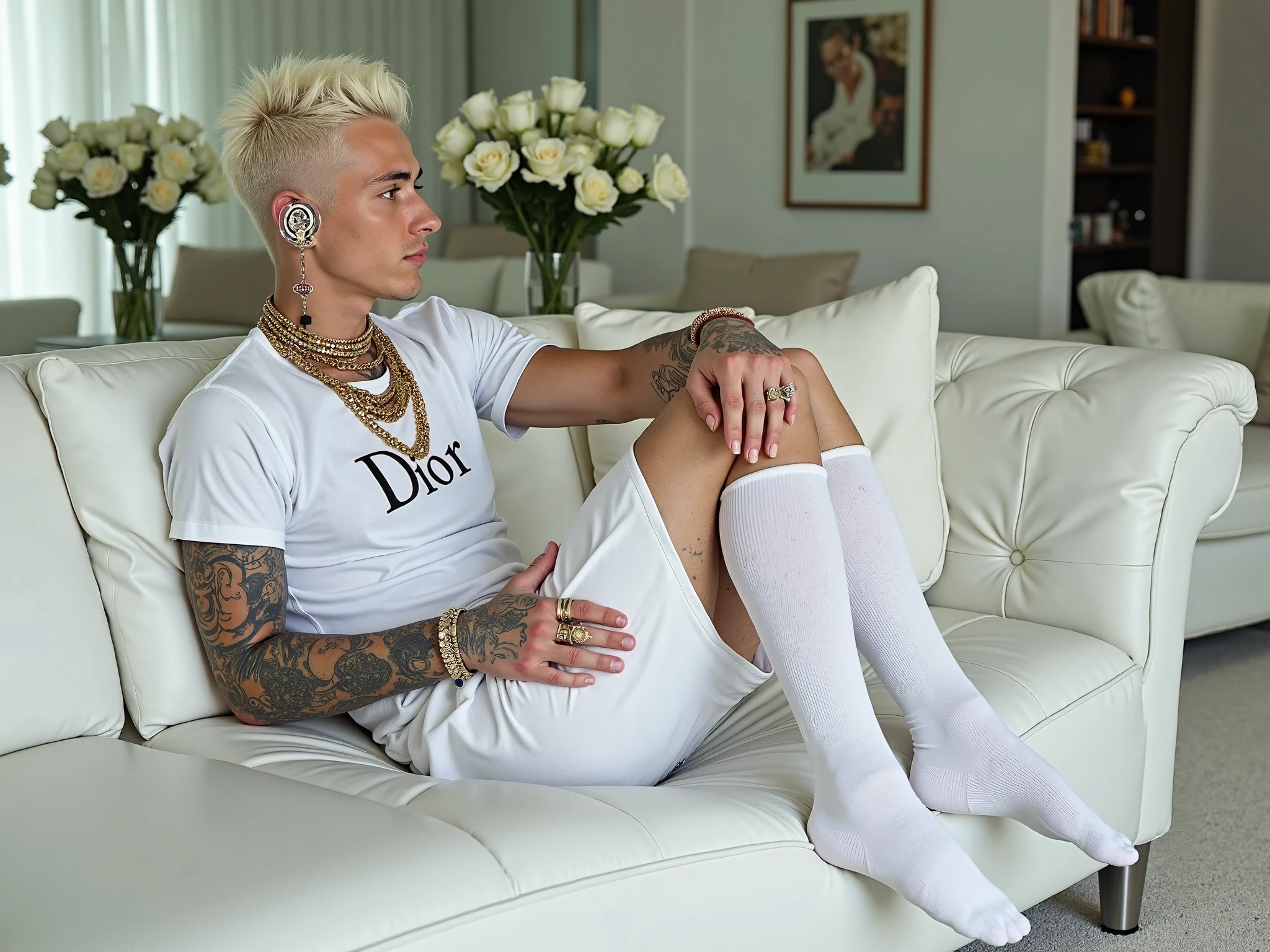 full view full body, one 18 yo slim white European tattooed boy white gold-blond undercut clean shaves aircut, in white tank top and black tight soccer pants, white socks and black Nike air max trainers, golden necklaces, bracelets, rings, sitting proudly on a golden throne, smoking a cigar, looking satisfied, the ground is covered with gold coins, lingots and banknotes, smoking a cigar. A small greenish smoke comes out of the sneakers