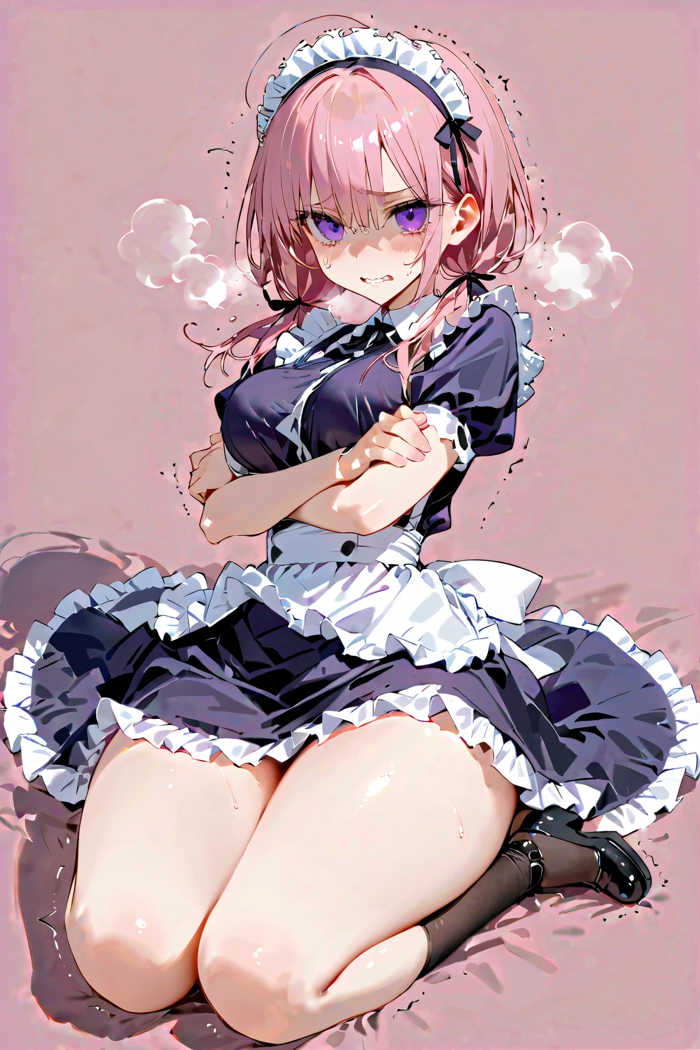 1girl, Lying, aerial view, (hands on own arms:1.3),big ass、full body,
shaded face, clenched teeth, frown,  (wavy mouth:1.2), (trembling:1.2), steaming body,
( light pink simple background:1.1), 
Large breasts, (pink hair:1.3), (low twintails:1.2), medium hair, (purple eyes:1.2), (nothing eye highlights:1.2),empty eyes,
 maid clothes、torn clothes,
masterpiece,best quality,amazing quality, 