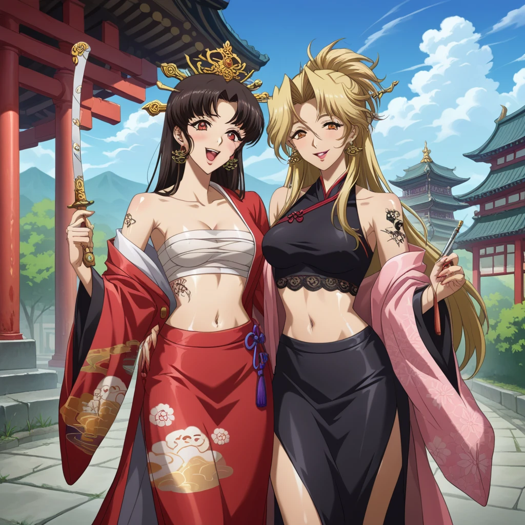 highres, absurdres, 2girl, two girls, LangMStyle, long hair, , ear piercing, long hair, blush, lipstick,Hot girl, baddie, smoking, sensual, attractive ,masterpiece, best quality, highly detailed, a anime girl in kimono dress ,holding sword, bare
shoulder,open kimono, evil smile, open mouth, crop top , (nsfw) not safe for work, smile, ecchi anime
style, anime girls, ecchi style, digital anime art!!, in anime style, official artwork,beautiful girl,
anime style 4 k, kimono pencil skirt, exposed belly, exposed navel, ,in a palace,exposed midriff,
exposed lower belly, outdoor, japanese architecture, temple, nipple slip,,, dual wielding , dragon tattoo, tattoo on body, tattoo midriff, tattoo, shiny skin, 