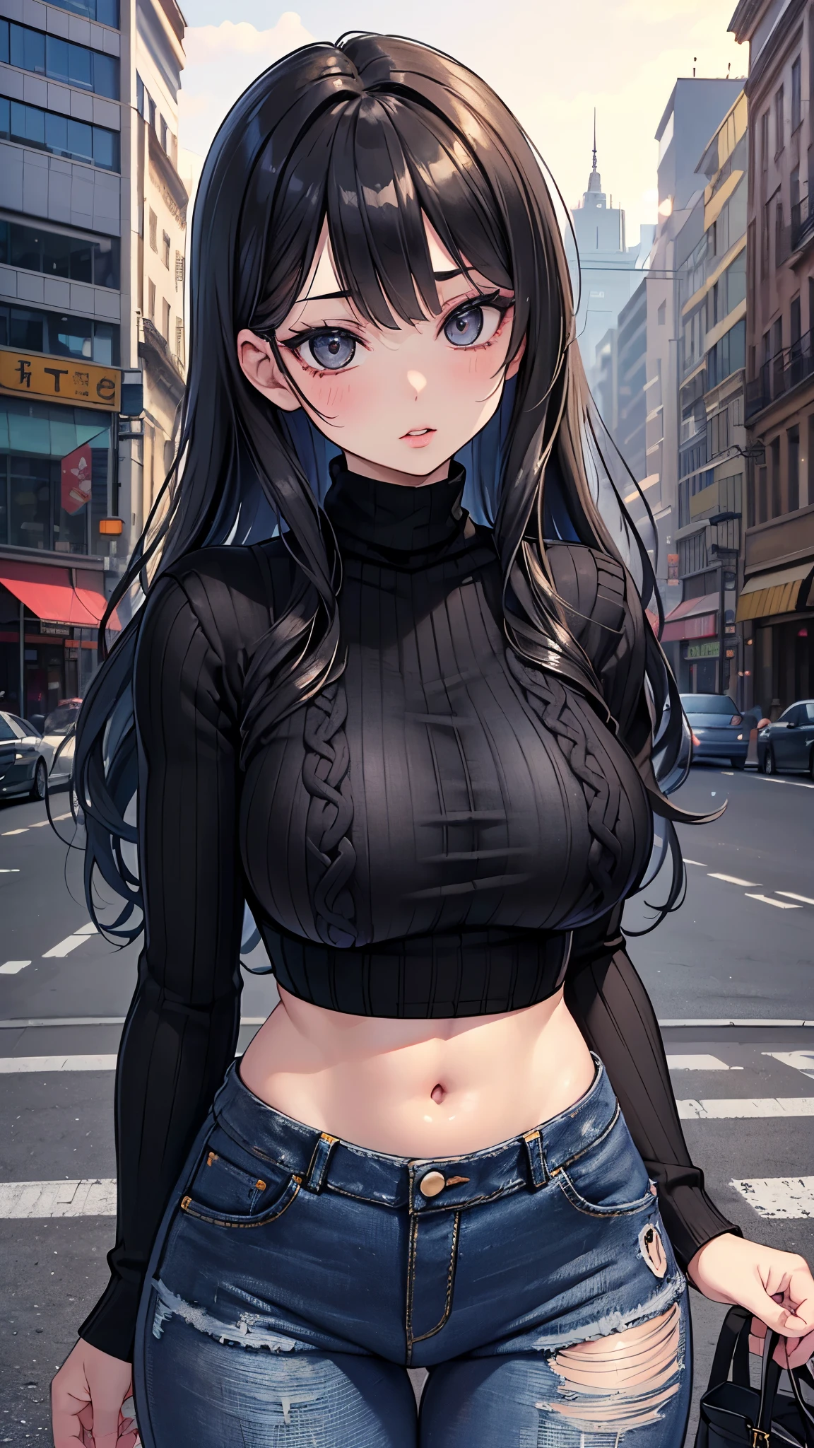 最high quality、best image quality、masterpiece、teenage girl((18-year-old、 By becoming、vest bust、medium bust,wide open breast tea、black eye, black hair、long hair、thin,highest valley、torn black t-shirt(2:3)、cute smile,damaged pants(2:3)、Perforated gloves、suppor,t for knees)),high quality、beautiful art、background((street fight)),debris flies、Depth of written boundary、movie、visual art、perfect art、8K,genuine long、long black Wolf Ears、long black Wolf tail