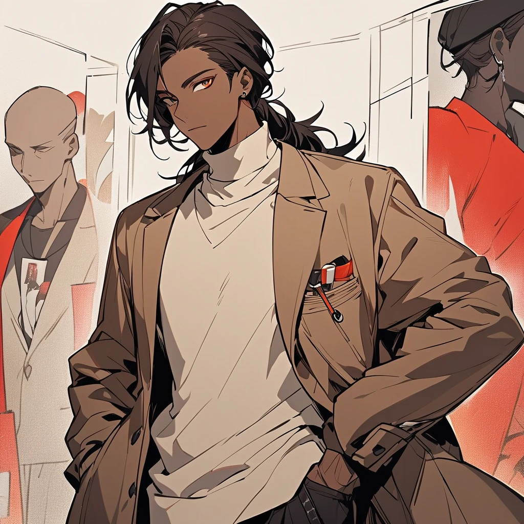 "male human character,  a light brown skin tone with a slight warm glow. with long hair blending deep red and dark brown colors. He should be dressed in a contemporary urban outfit, featuring modern and stylish elements. A brown jacket, underneath wears a beige turtleneck shirt, I also wore black cargo pants. The character should exude a sense of confidence and charisma. The artwork should focus on smooth, detailed lines, capturing the texture of his hair and the fabric of his clothing. The background should be minimalistic to ensure the character stands out prominently."