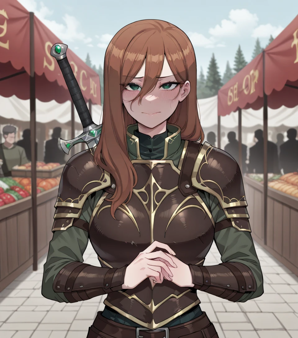 1girl, mercenary, unsheated sword, dark-skinned, masterpiece, perfect hands, green eyes, long hairs, brown hair, blushing, stoic expression, extremaly detailed eyes, leather armor, ratatatat74, looking at viewer, no helmet, simple sword, upper body, looking at viewer, market background, high quality, perfect eyes
