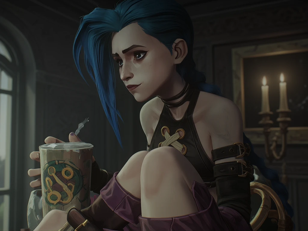 jinx style arcane nu, sur le dos nu, pose sexy, seins nu, touche ses seins,