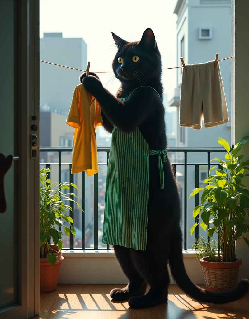 ultra-realistic, photorealistic, dramatic scene, shadow, global-illumination, the human-like giant black cat\(wearing a vertical striped green apron, black cat, hanging up a washed shirt\), many towel and shirt and pants are hanged up, at the balcony of the stylish Japanese urban apartment, sunny day in winter, plants