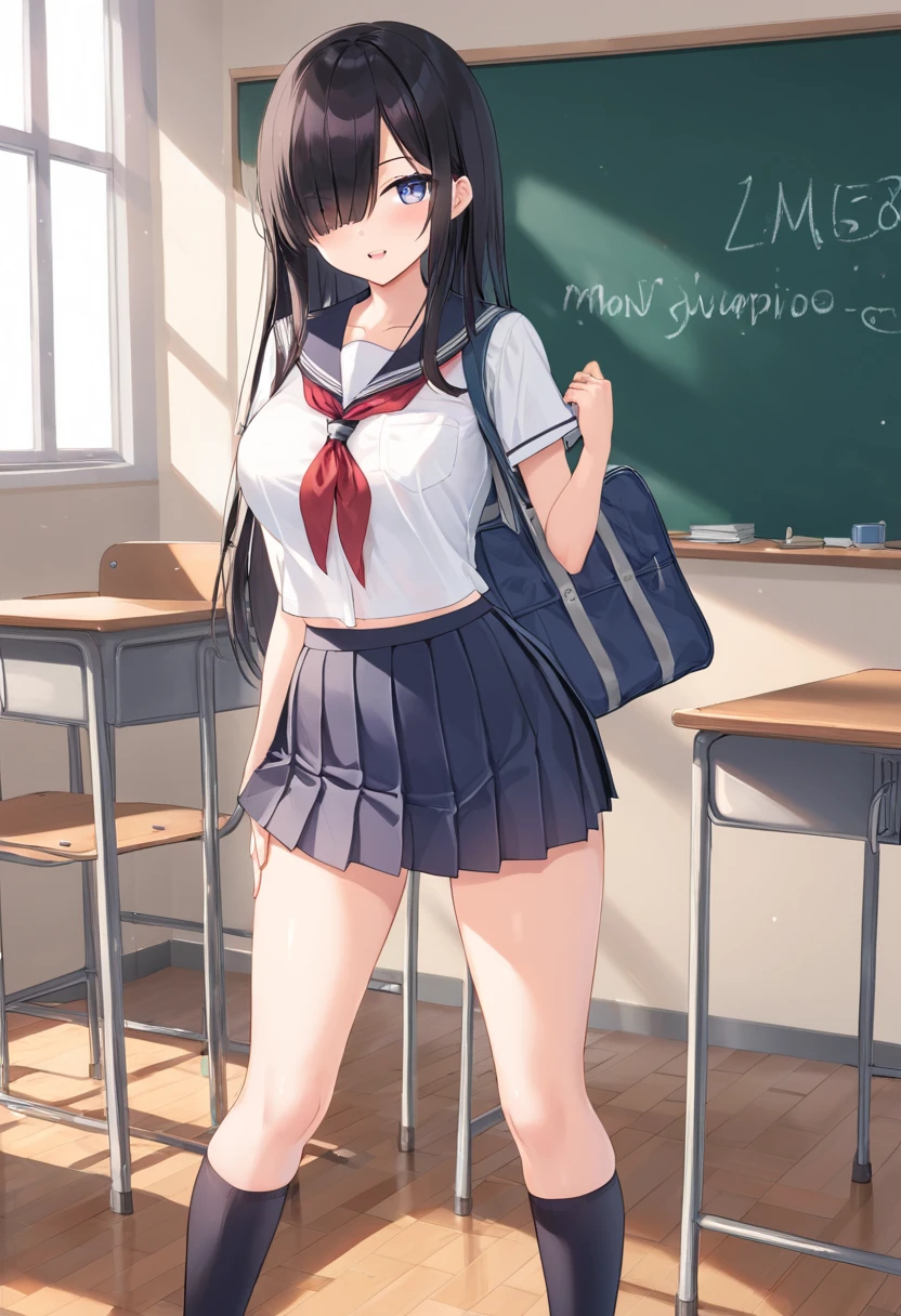 Masterpiece, extremely detailed,perfect quality,4k ,2D ultra graphic,anime ,solo,1girl ,stand up,kasumigaoka utaha, embarrassed,stand up,full body,beauty face,large breasts ,teacher uniform,white shirt,black hot skirt,stocking,body goals,slim body,slim models body,straddle,arms behind back,looking at viewers,front looks,bokeh