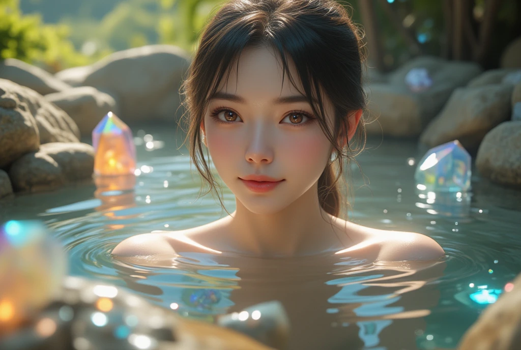 negative space, Shuimobisim, girl, woman,bare shoulders, (ecchi0.5), lips, splash of water, (wood:0.5), (flowers:0.6) ,(bird:0.2), (bamboo0.1), lake, Hangzhou, bonian, bonian in background
