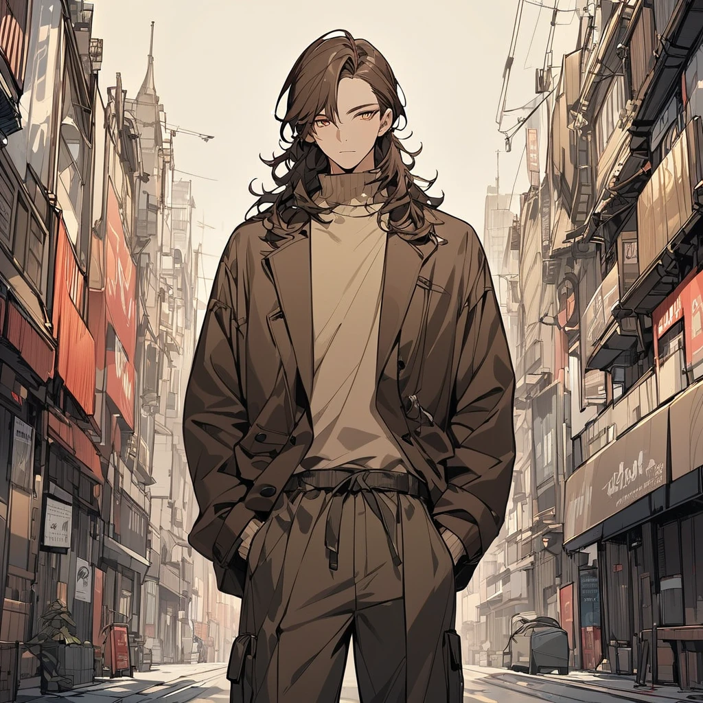 "male human character,  a light brown skin tone with a slight warm glow. with long hair blending deep red and dark brown colors. He should be dressed in a contemporary urban outfit, featuring modern and stylish elements. A brown jacket, underneath wears a beige turtleneck shirt, I also wore black cargo pants. The character should exude a sense of confidence and charisma. The artwork should focus on smooth, detailed lines, capturing the texture of his hair and the fabric of his clothing. The background should be minimalistic to ensure the character stands out prominently."