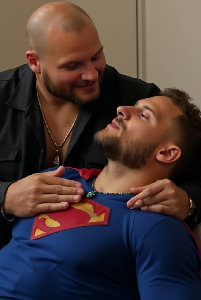 They kiss each oter. Superman can't refuse kiss.gay kiss.full body shot of a muscular attractive, nick bosa good looking man with Short stubble, muscular thighs, dressed in a blue Superman costume. He has a pained expression, orgasm face, eyes closed, mouth slightly open. He is at home on sofa, a bright emerald green crystal pendant hanging from his neck. He appears weak and in pain, with his eyes closed. Behind nick bosa stands Lex is bald wearing an unbuttoned  black denim shirt, touching Superman's chest with his hands. Lex kiss Superman.They kiss each other. Superman can't refuse passion kiss. Gay kiss