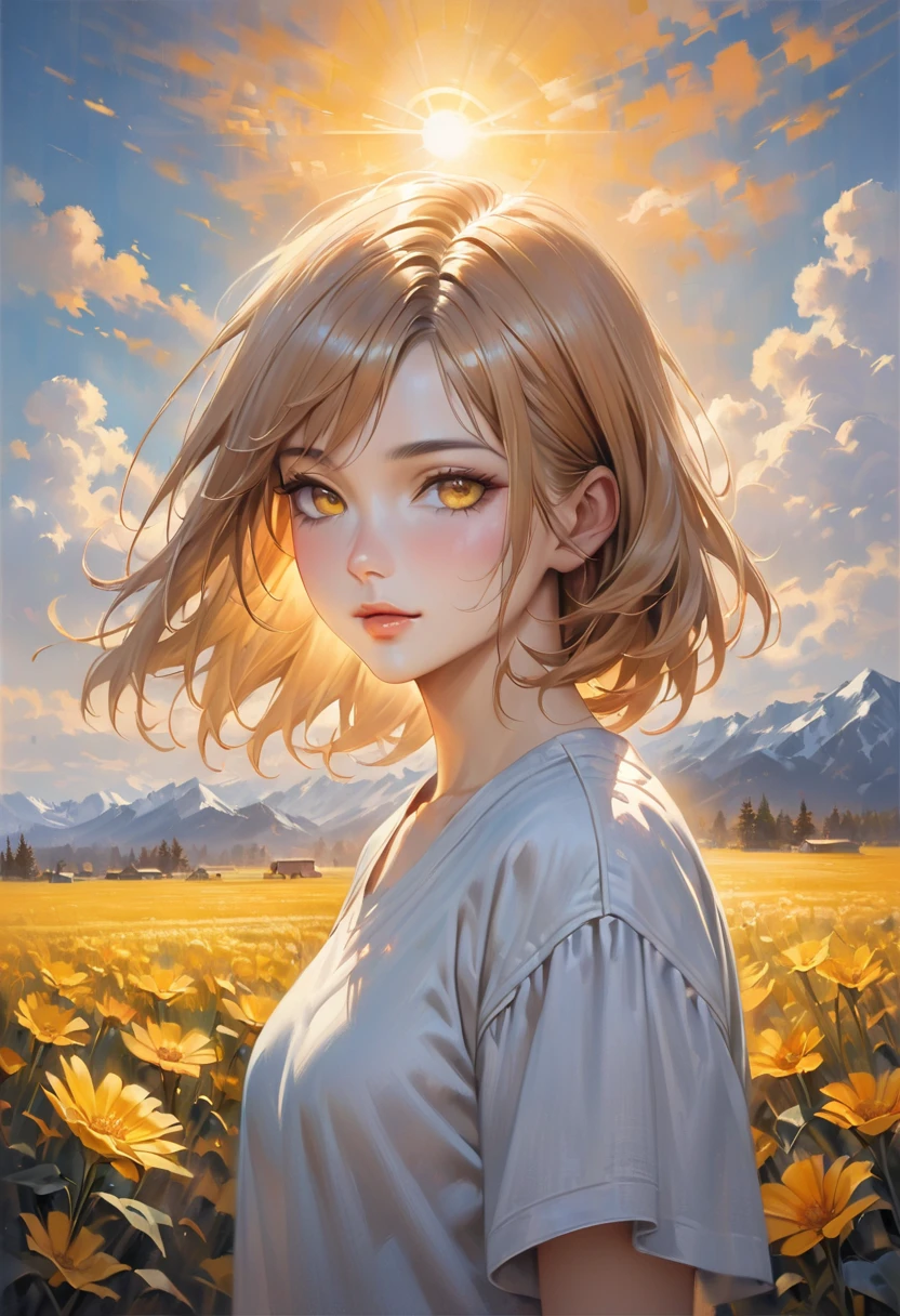 Realistic oil painting, Highest Masterpieces, Scenery,A field of yellow flowers on one side, blue sky,Solar,A few clouds,