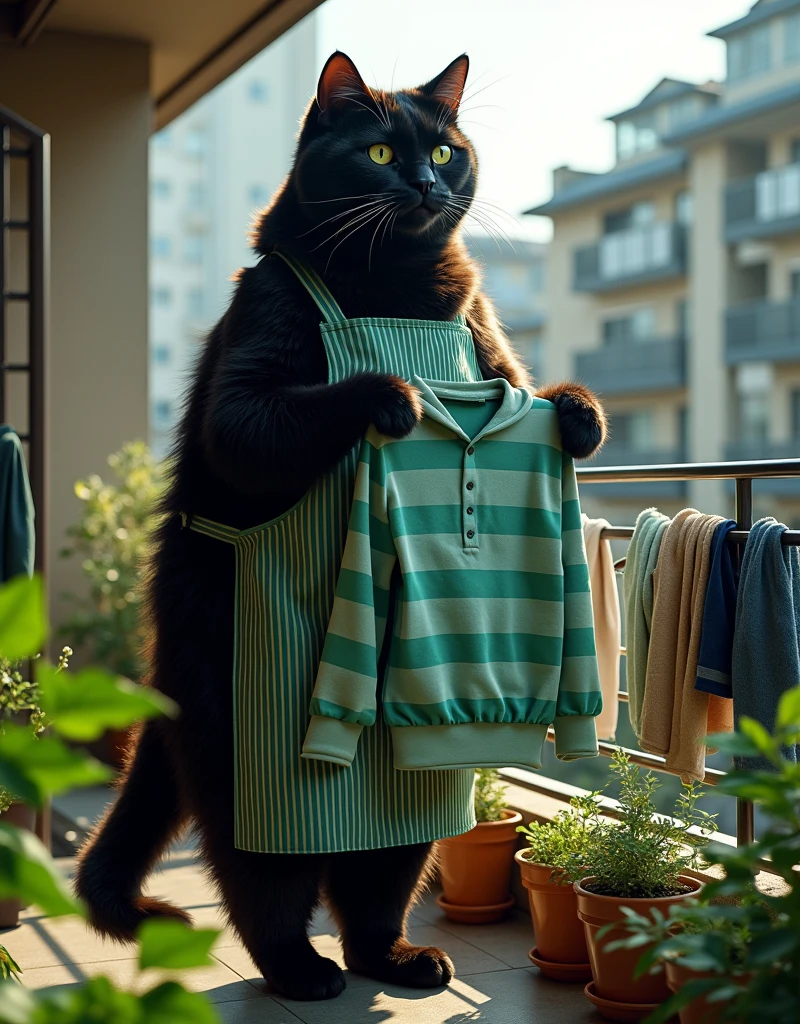 ultra-realistic, photorealistic, dramatic scene, shadow, global-illumination, the human-like giant black cat\(wearing a vertical striped green apron, black cat, hanging up a washed Light green wide horizontal striped hoodie\), many towel and shirt and pants are hanged up, at the balcony of the stylish Japanese urban apartment, sunny day in winter, plants