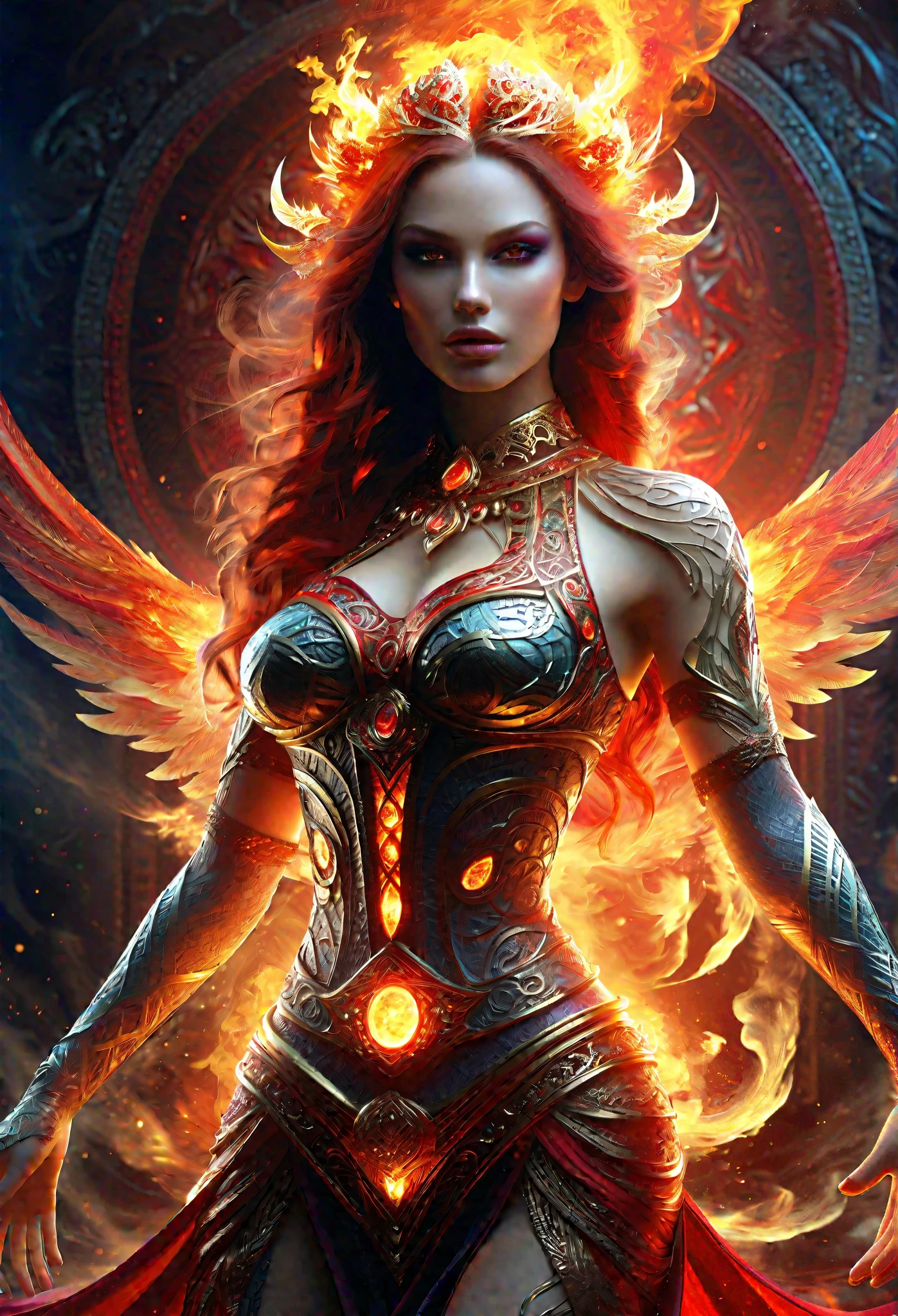 high details, best quality, 16k, [ultra detailed], masterpiece, best quality, (extremely detailed), full body, ultra wide shot, photorealistic, fantasy art, dnd art, rpg art, realistic art, an ultra wide picture of a female human (intricate details, Masterpiece, best quality: 1.5) goddess of fire  ((fiery radiant aura)), controlling a swirling red fire, fiery red radiant magic (1.5 intricate details, Masterpiece, best quality), manipulating purple radiant magical symbols, [[divine symbols]] (intricate details, Masterpiece, best quality: 1.5), human female, blond hair, long hair with aura, hair with red radiant eyes, intense eyes, ((radiant eyes)), (( red glowing eyes)), dynamic clothing, fantasy volcano back ground, stresms of lava,  celestial  background, ((divine worship atmosphere)), high details, best quality, highres, ultra wide angle, faize, bioluminescent dress
