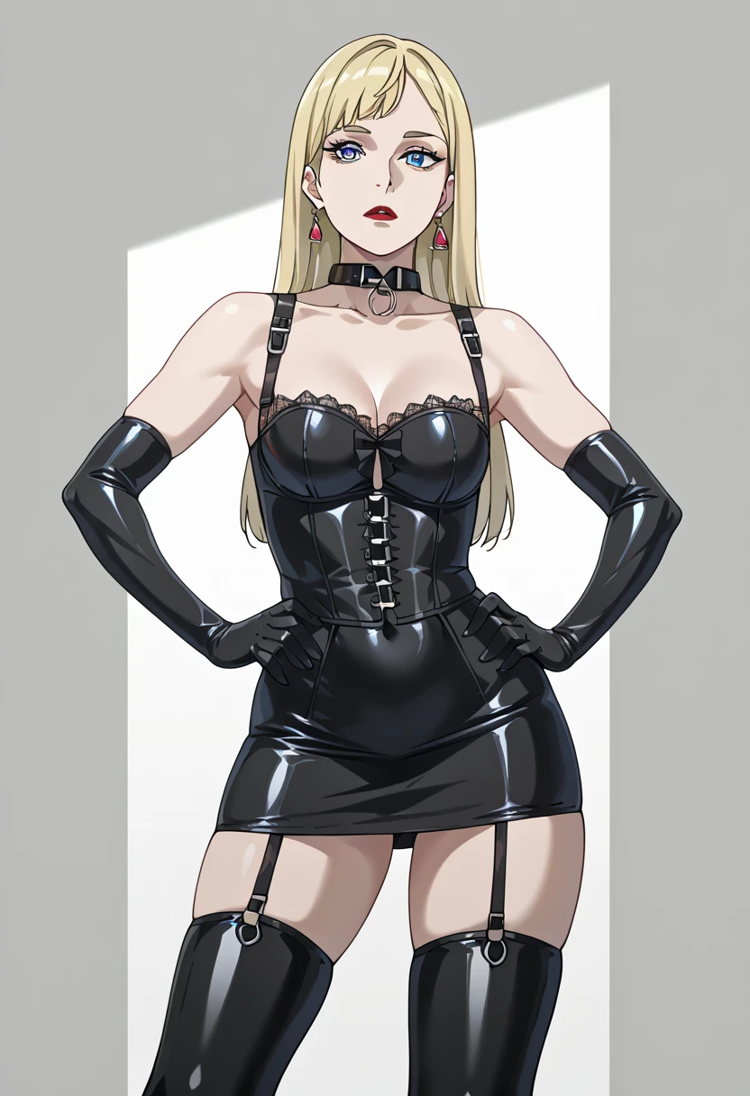 BDSM、Queen、mistress、(((One girl)))、(((solo:1.8)))、(((Black latex elbow gloves:1.4)))、((( black latex corset dress :1.4)))、((( THE CORSET DRESS IS DECORATED WITH BEAUTIFUL LACE)))、((( CORSET DRESS WITH SHOULDER STRAPS )))、((( BLACK LATEX TIGHT MINI SKIRT :1.4)))、((( Black Thigh-High Boots:1.4)))、(((Black rubber tights:1.2)))、((( stiletto heel boots:1.4)))、((( black latex high leg panties)))、(((Black latex bra)))、(((Black leather collar)))、((( sexy pose taken from the butt:1.4 )))、 wide thigh opening with one leg:1.2、((( erotic)))、((( cowboy shot)))、 close-up、((( place your hands on your hips)))、 beautiful eyes with highlights、Beautiful, smooth skin、Two perfect anatomical arms、 Anatomically Perfect 2 Legs 、(Four perfect fingers and one thumb)、Masterpiece Masterpiece 、 high image quality、High resolution 8k、 1 girl、Alone、Straight long blonde hair、((( Aqua Blue Eyes )))、 earrings for women with first name、 anime coloring 、
(((Red lipstick)))、 raises arms、indoor、 exposed abdomen 、Exposed navel、Exposed armpits、 staring at viewers 、((( are expressionless)))、((( condescending expression)))