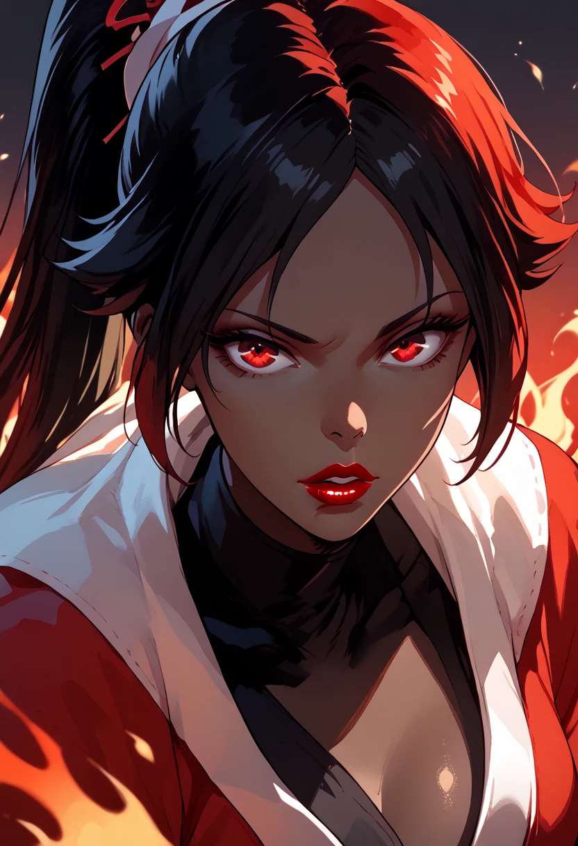 woman, black skin, ponytail, black hair, fire hair, red eyes, blood red fire, scarlet fire, traditional Japanese clothing, adult, blood red lipstick