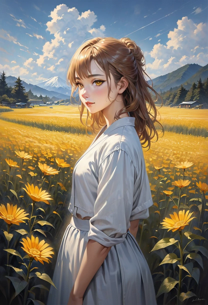 Realistic oil painting, Highest Masterpieces, Scenery,A field of yellow flowers on one side, blue sky,Solar,A few clouds,Summer in Japan