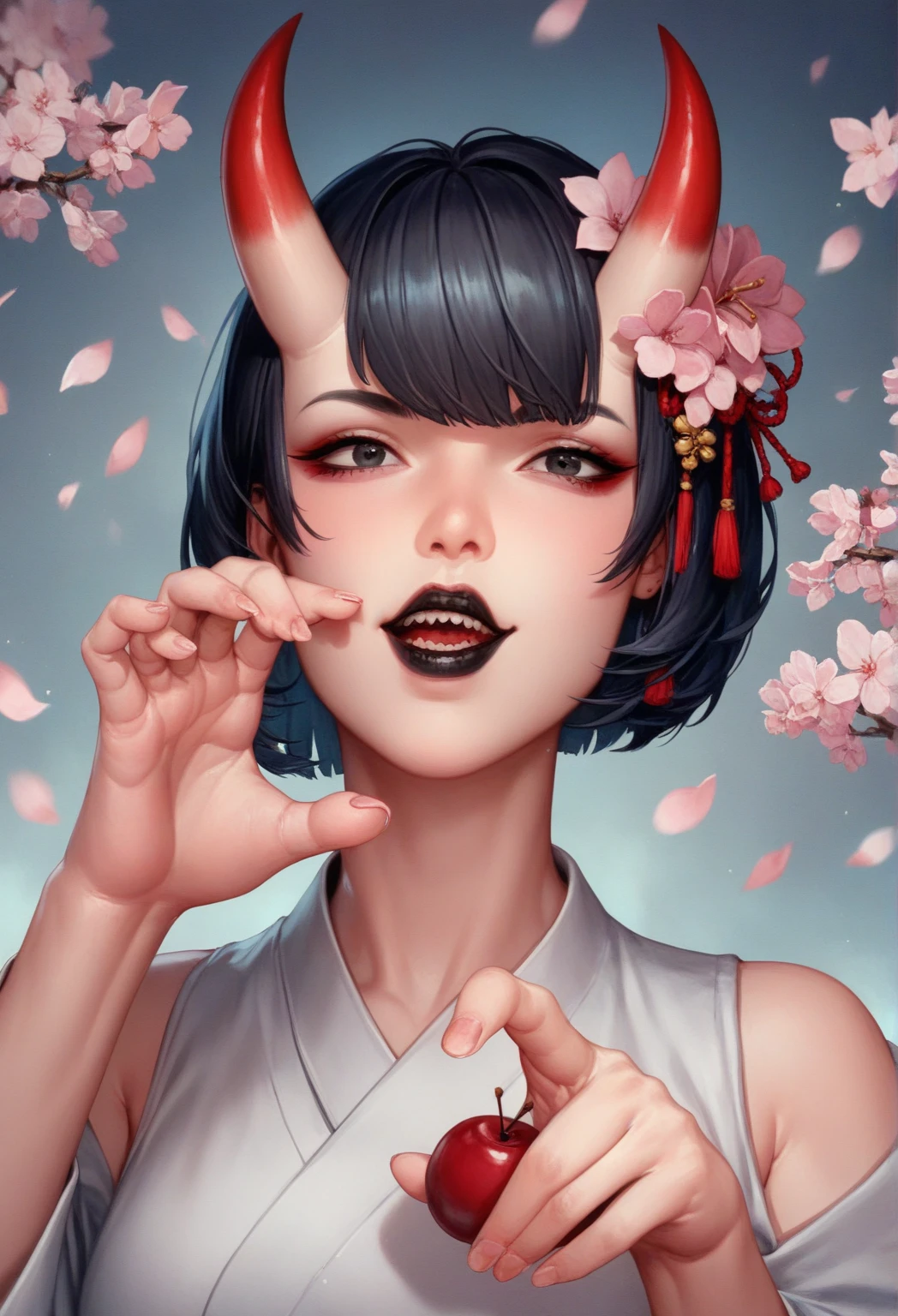 masterpiece, best quality, RAR, masterpiece, best quality, 1girl, breasts, horns, solo, black hair, tongue, cleavage, earrings, japanese clothes, kimono, jewelry, large breasts, red nails, cherry blossoms, hair bun, looking at viewer, tongue out, long tongue, upper body, single hair bun, flower, sash, saliva, hair ornament, black background, fangs, white kimono, teeth, oni, obi, cross, cross earrings, nail polish, makeup, freckles, fingernails, yellow eyes, smile, petals, hand up, eyeshadow, open mouth, long sleeves, simple background, wide sleeves