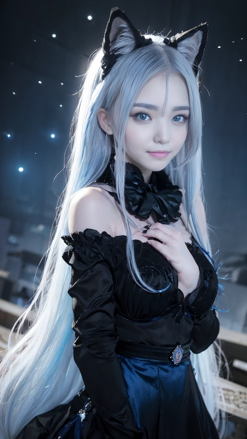 an anime girl, ((a 25yo woman))、A smile、Her eyes are big and curious, She was excited and happy to see me, Beautiful eyes, White and blue hair, Pink eyes, good art, Good drawings, 2D Anime, 2D, Cute, 2 hands and 5 fingers on each hand, Beautiful hands, Good hands are drawn, 4K, 8K, Blue Off Shoulder, don’t wear shirt 