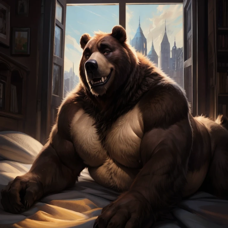 ((Best quality)), ((Masterpiece)), (Detailed), visage parfait, yeux parfait, detailed eyes, anthro (bear), male, alone, (bear), ((vue du dessus, on location), affalé sur le lit), lying on back, legs apart), ((chambre), lit, fenêtre qui donne sur la ville), relaxed position, wry smile, chubby, furry art, ours complètement habillé avec un débardeur et un short blanc, dad body, bear body, bear face, bear tail, digital art, costaud, canine tooth,hd, dark shadows, wide dynamic range, hdr, low light:1.2, sunlight, par mystikfox61, par darkgem, par Glitter Trap Boy, par bebebebebe