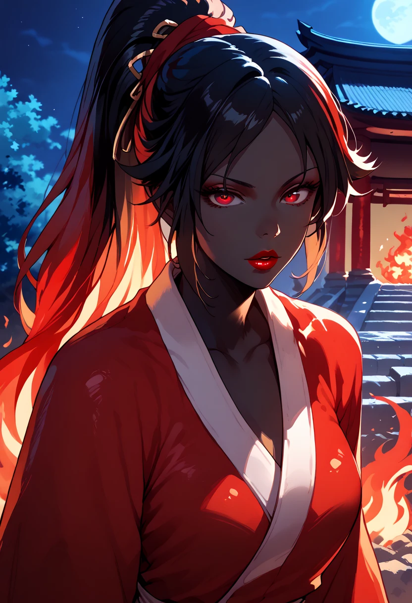 woman, black skin, hair ponytail, black hair, fire hair, red eyes, blood red fire, scarlet fire, traditional japanese clothing, adult, blood red lipstick, red dress, night, japanese temple