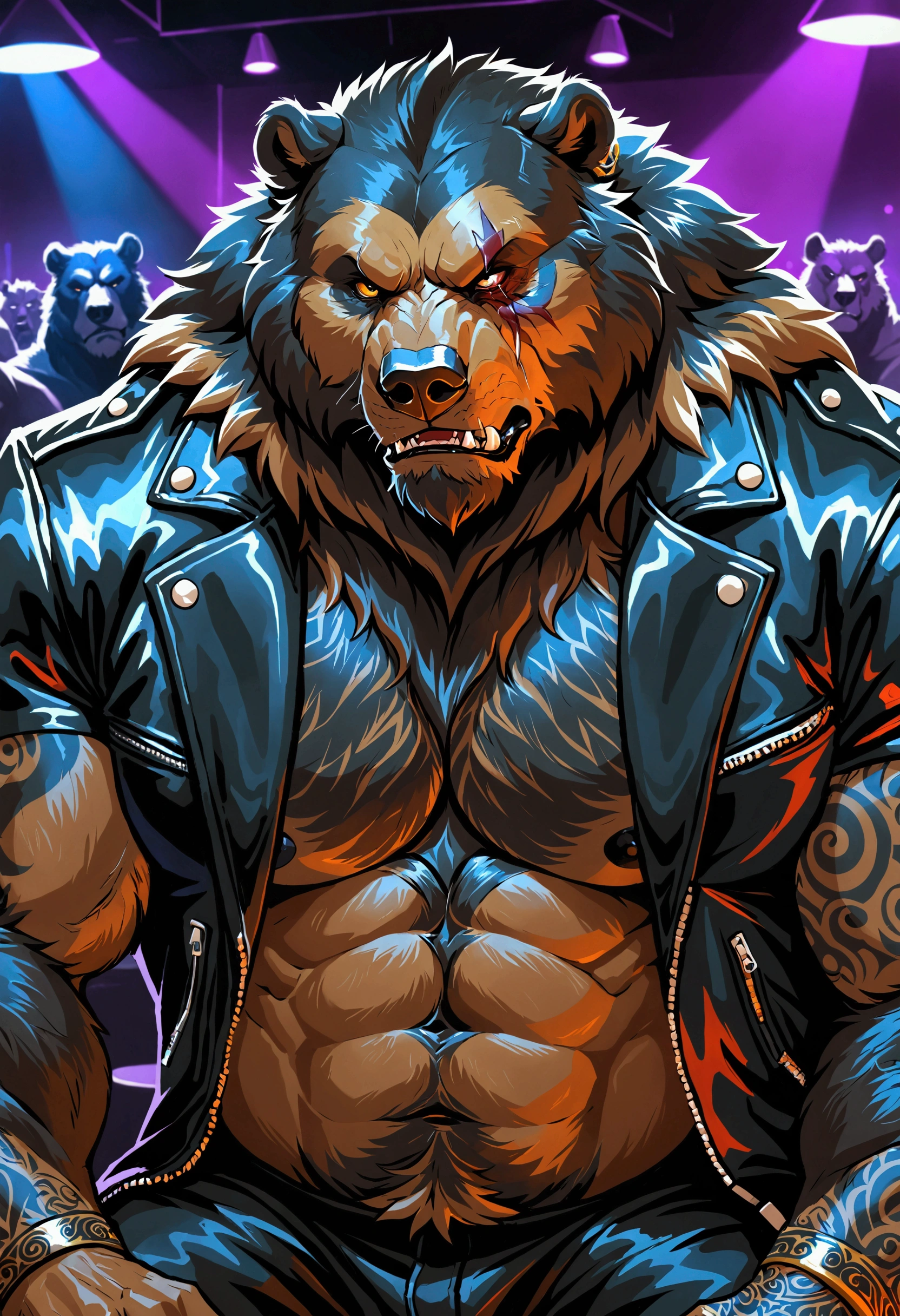 Generate image of a bear, detailed, Best Quality, furious state, eyes covered with crosses, in gangster clothes, whole body