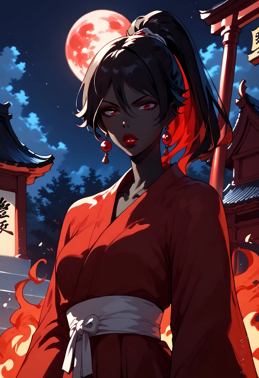 woman, black skin, hair ponytail, black hair, fire hair, red eyes, blood red fire, scarlet fire, traditional japanese clothing, adult, blood red lipstick, red dress, night, japanese temple, blood moon