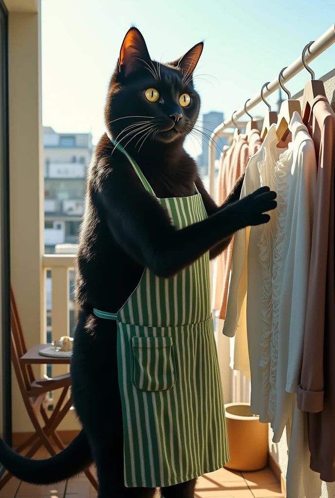 ultra-realistic, photorealistic, dramatic scene, shadow, global-illumination, the human-like giant black cat\(wearing a vertical striped green apron, black cat, hanging up a washed white ruffled blouse\), many towel and shirt and pants are hanged up, at the balcony of the stylish Japanese urban apartment, sunny day in winter