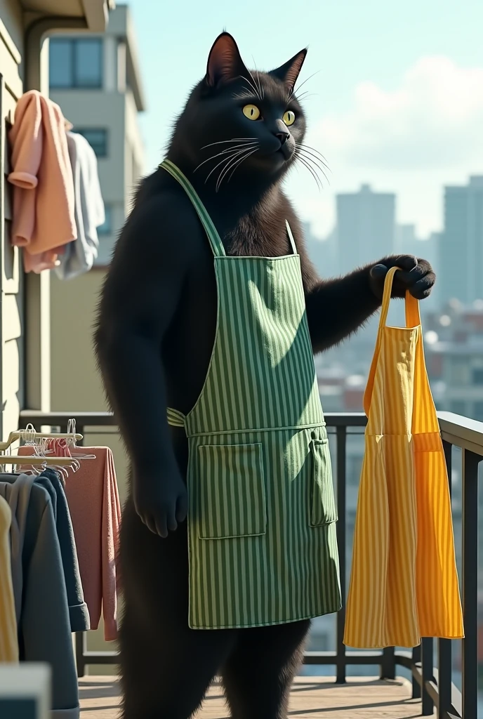 ultra-realistic, photorealistic, dramatic scene, shadow, global-illumination, the human-like giant black cat\(wearing a vertical striped green apron, black cat, hanging up a washed vertical striped yellow apron\), many towel and shirt and pants are hanged up, at the balcony of the stylish Japanese urban apartment, sunny day in winter