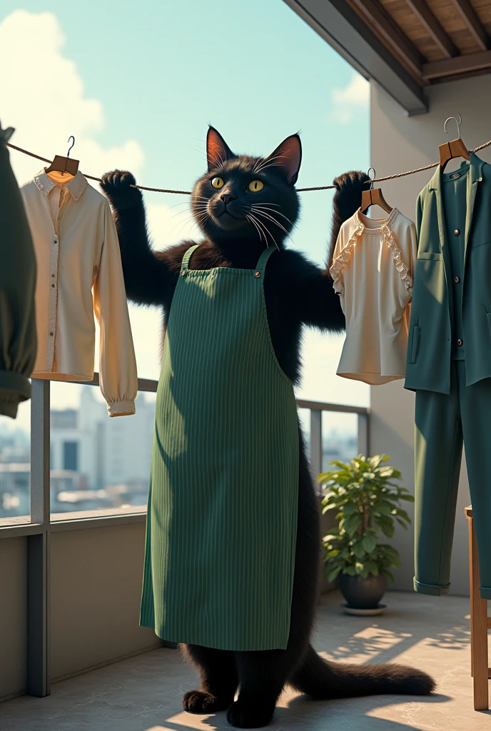 ultra-realistic, photorealistic, dramatic scene, shadow, global-illumination, the human-like giant black cat\(wearing a vertical striped green apron, black cat, hanging up a washed white ruffled blouse\), many towel and shirt and pants are hanged up, at the balcony of the stylish Japanese urban apartment, sunny day in winter