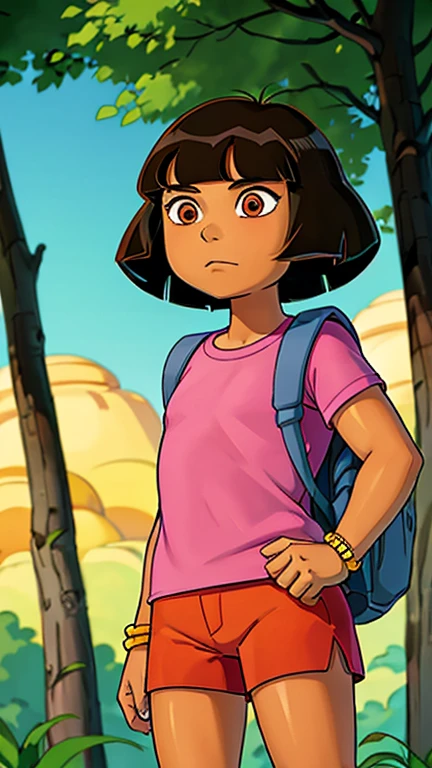 (8k),(masterpiece),(1girl),(Dora),From the front,focus on upper body,symmetrical composition,ben10,forest, outdoor,, ghibli background,1girl, dora, pink shirt, orange shorts, bracelet,backpack, brown eyes, flower, dark-skinned female, (tan), bob cut, 